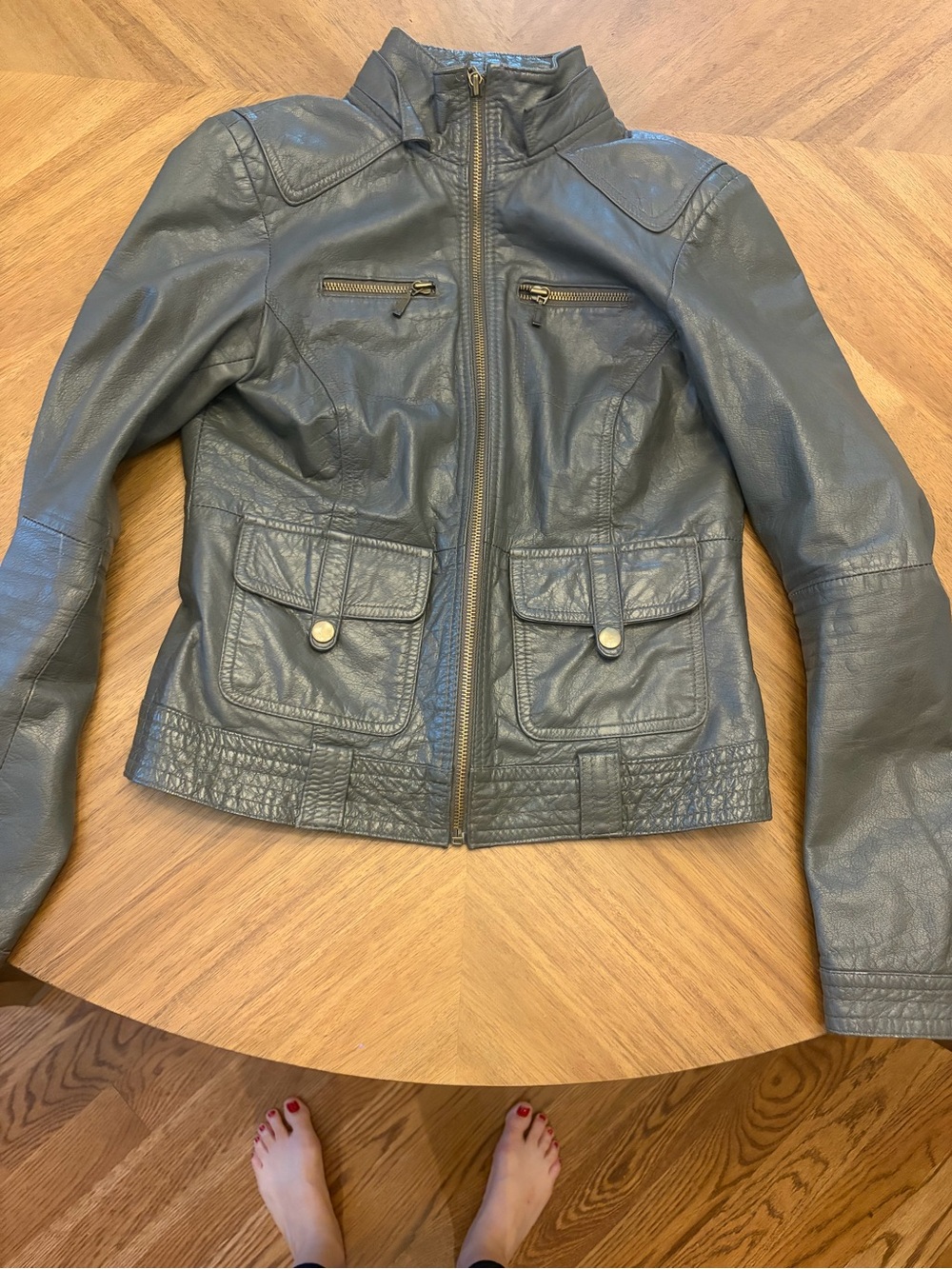 Zara TRF Trafaluc 100% Genuine Leather Moto Jacket Gray Size S 26